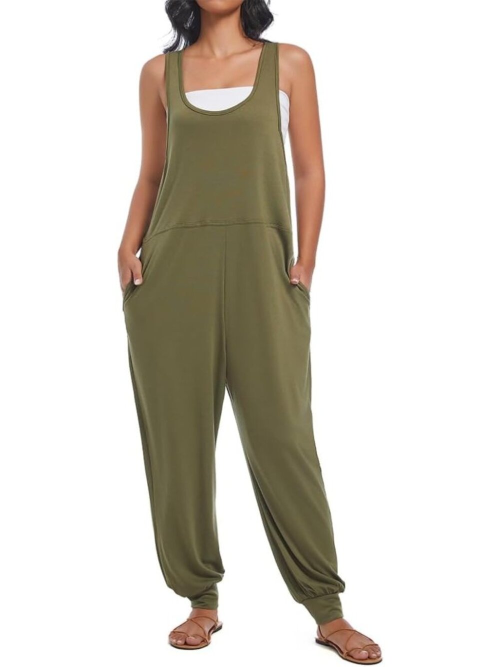 Women's Army Green Casual Loose Jumpsuits Harem Long Pants Sleeveless Romper
